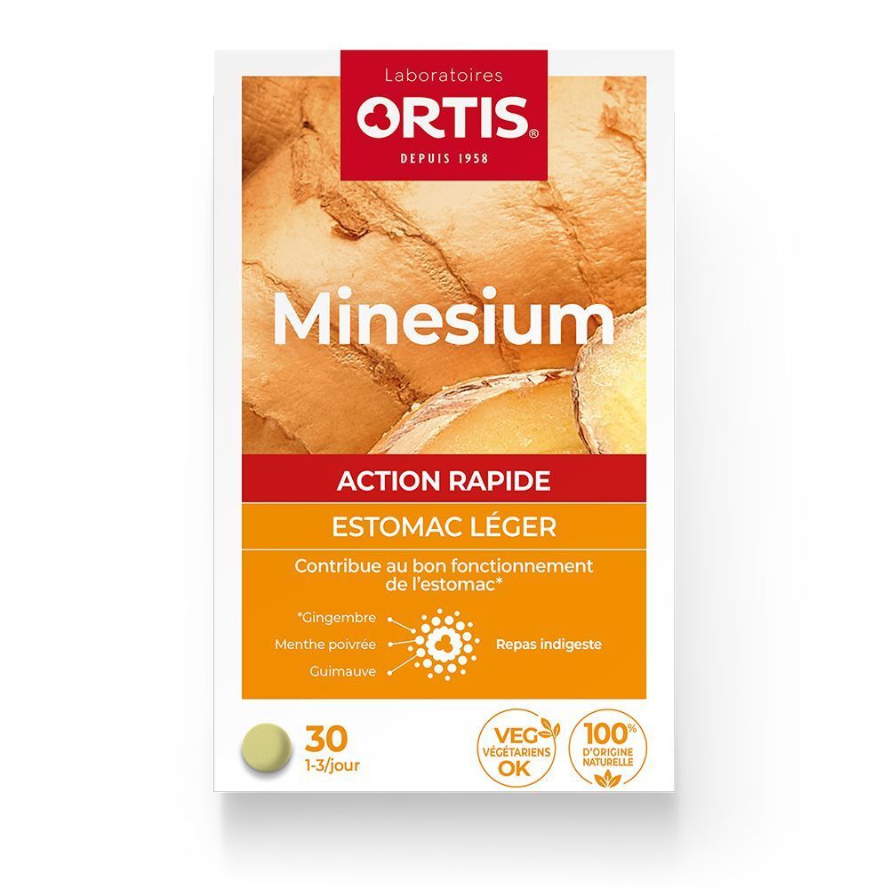Doos Ortis Minesium. Opschrift: Minesium, Action Rapide, Estomac Léger. Met 30 tabletten, vegetarisch, 100% natuurlijk.