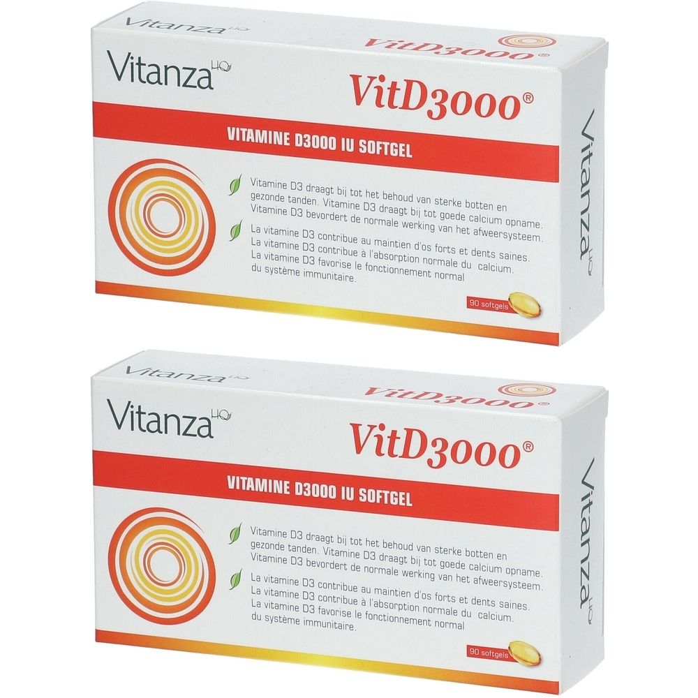 Deux boîtes de Vitanza VitD3000. Emballage blanc avec bande rouge. Inscription VitD3000 et Vitamine D3. Image de gélules molles jaunes.