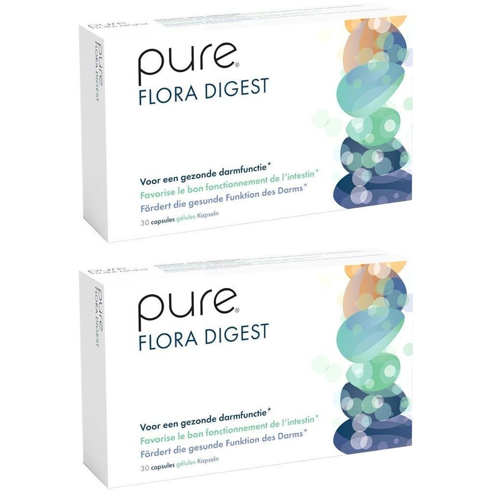 Twee witte dozen met de productnaam "pure FLORA DIGEST". Tekst in het Nederlands, Frans en Duits. 30 capsules.