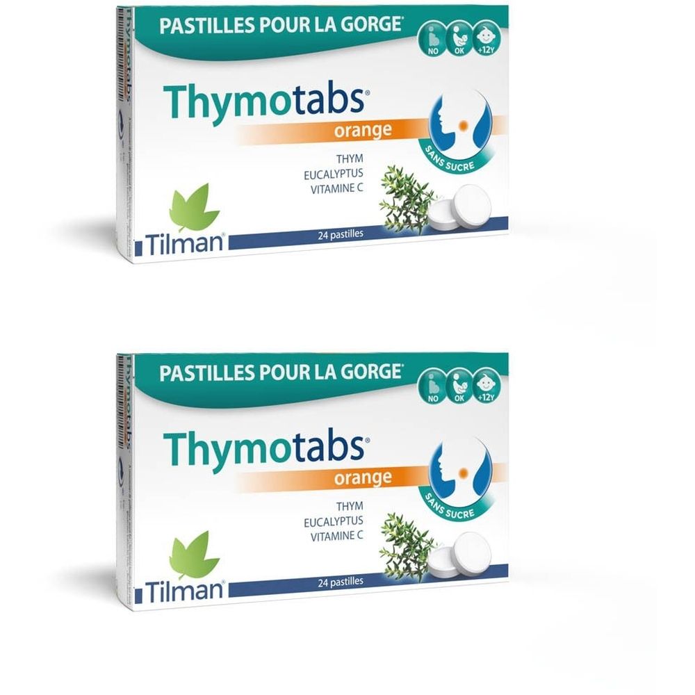 Boîte de Thymotabs Orange. Inscription: Thym, Eucalyptus, Vitamine C. 24 pastilles. Marque: Tilman.