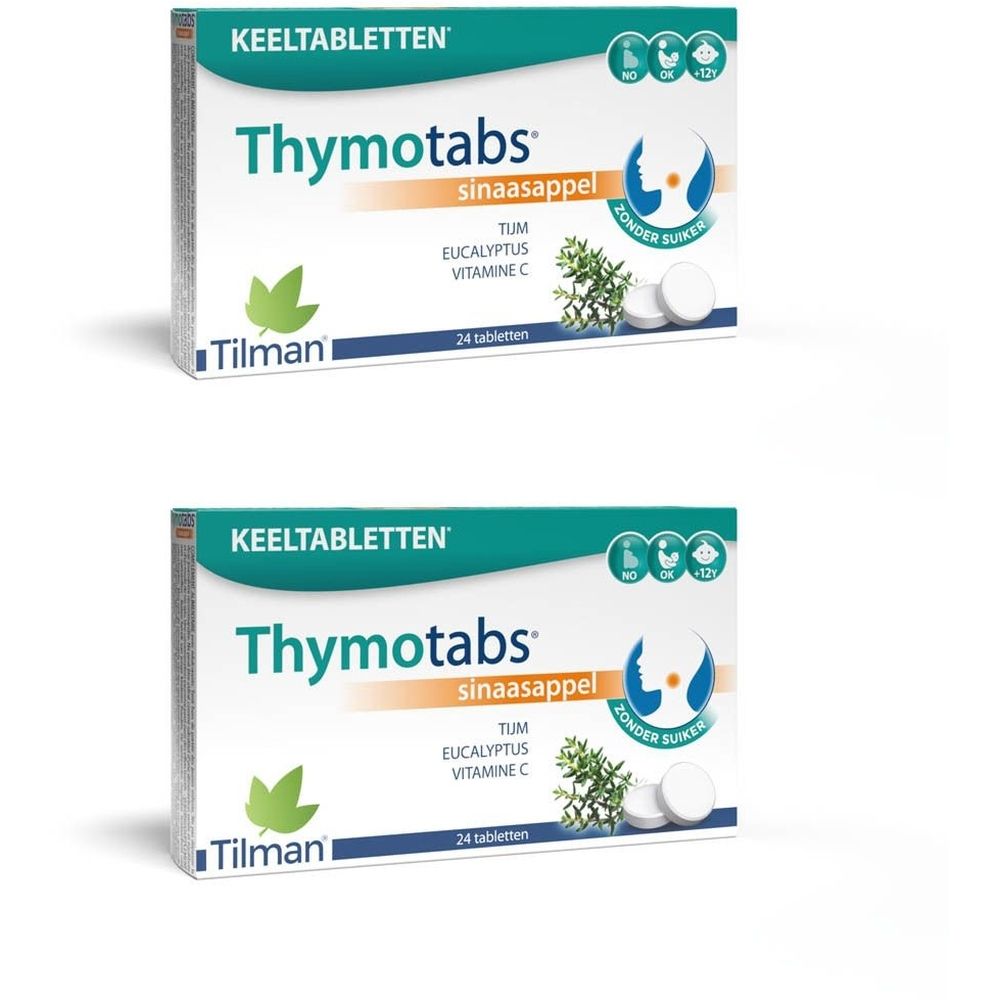 Doosje Thymotabs sinaasappel. Opschrift: Tijm, Eucalyptus, Vitamine C. 24 tabletten. Merk: Tilman.