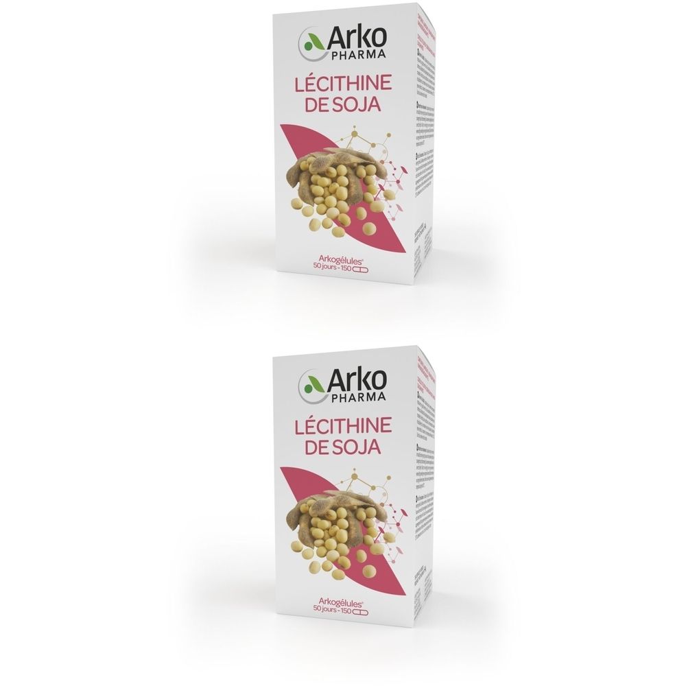 Boîte Arkogelules Lecithine Soja. Logo, nom du produit et illustration de graines de soja sur fond blanc.