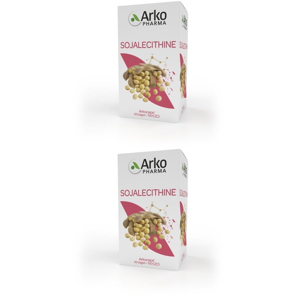 Doosje Arkogelules Lecithine Soja. Logo, productnaam en afbeelding van sojabonen op witte achtergrond.