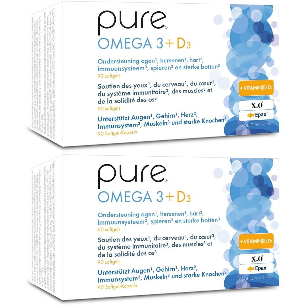 Twee witte dozen met de tekst "pure OMEGA 3+D3". Opschrift in meerdere talen, waaronder Duits en Frans.