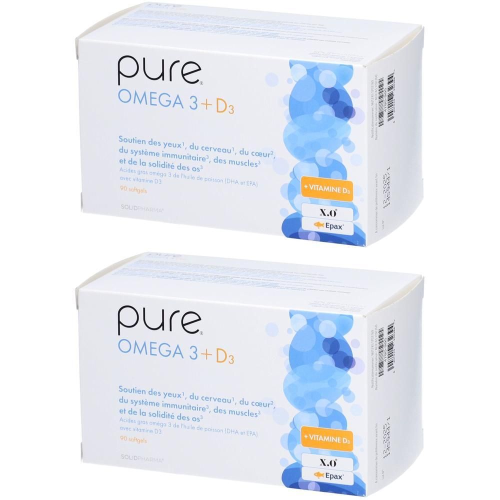 Twee witte dozen met "pure OMEGA 3 + D3". Blauwe en gele accenten. Franse tekst.