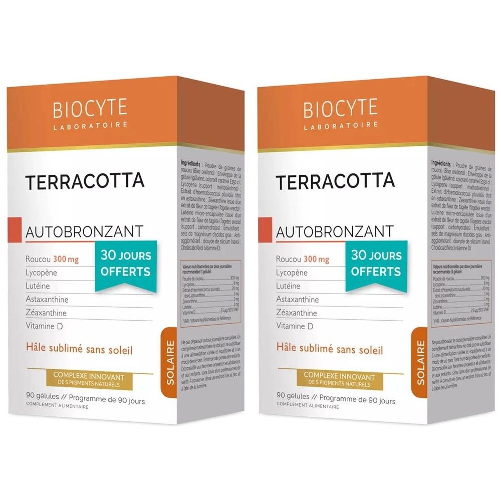 Twee oranje dozen met "TERRACOTTA AUTOBRONZANT". Bevat 90 capsules. Met "30 JOURS OFFERTS".