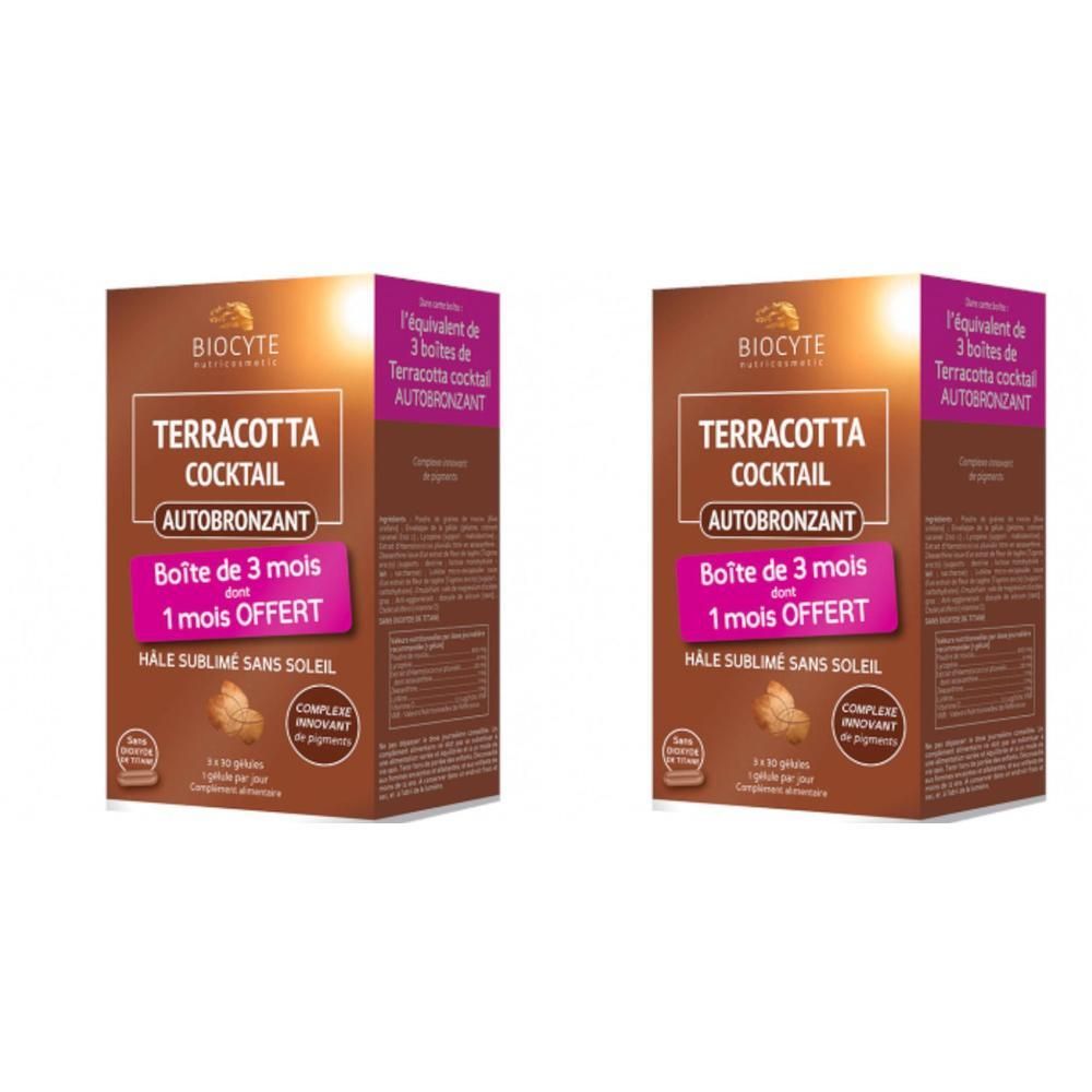 Deux boîtes marron. Texte: BIOCYTE, TERRACOTTA COCKTAIL AUTOBRONZANT, Boîte de 3 mois, 1 mois OFFERT. Complément alimentaire.