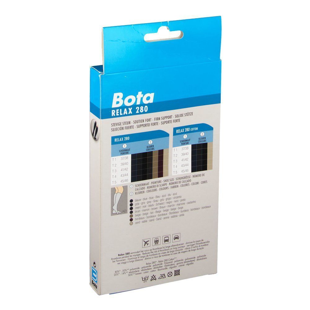 Dos de l'emballage du produit Bota Relax 280. Informations sur les tailles, les couleurs et les caractéristiques du produit sont affichées.