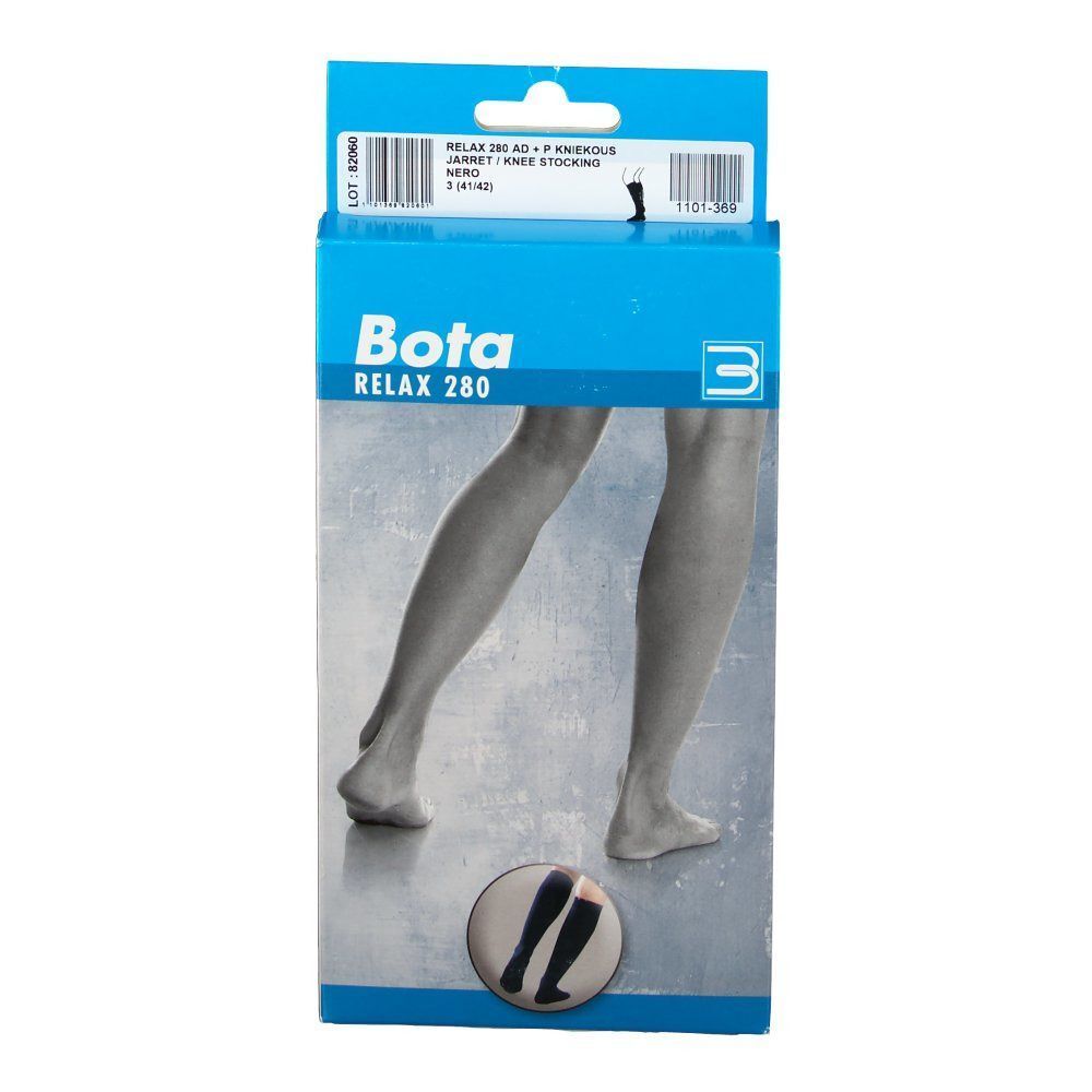 Emballage du produit Bota Relax 280 AD +P bas genou. Image de jambes avec bas, nom du produit et indication de taille.