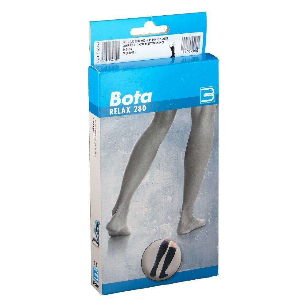 Emballage du produit Bota Relax 280 AD +P bas genou. Image de jambes avec bas, nom du produit et indication de taille.