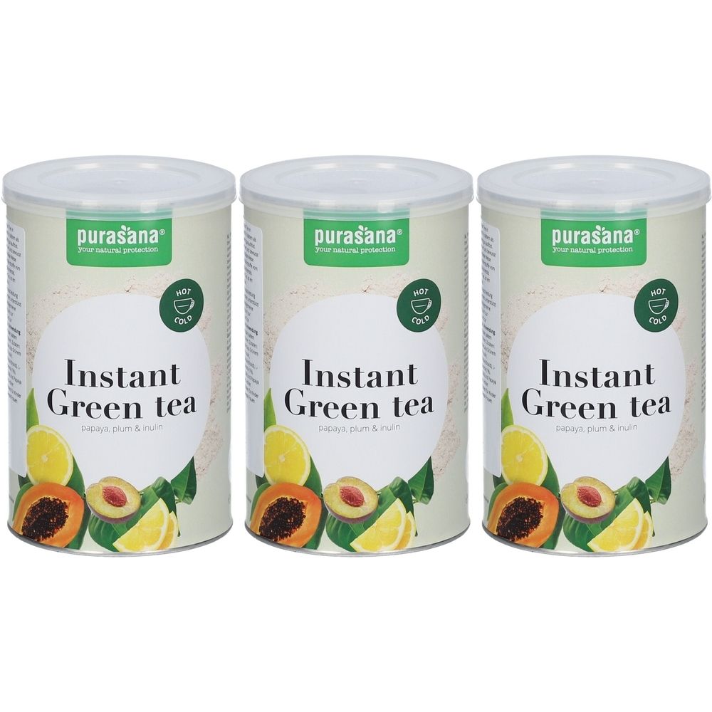 Drie blikken groene thee. Opschrift: Instant Green Tea, Papaye Prune. Merk: Purasana.