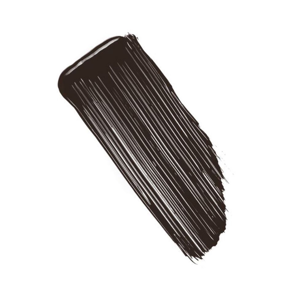 Donkerbruine mascarastreep op witte achtergrond. Textuur zichtbaar.