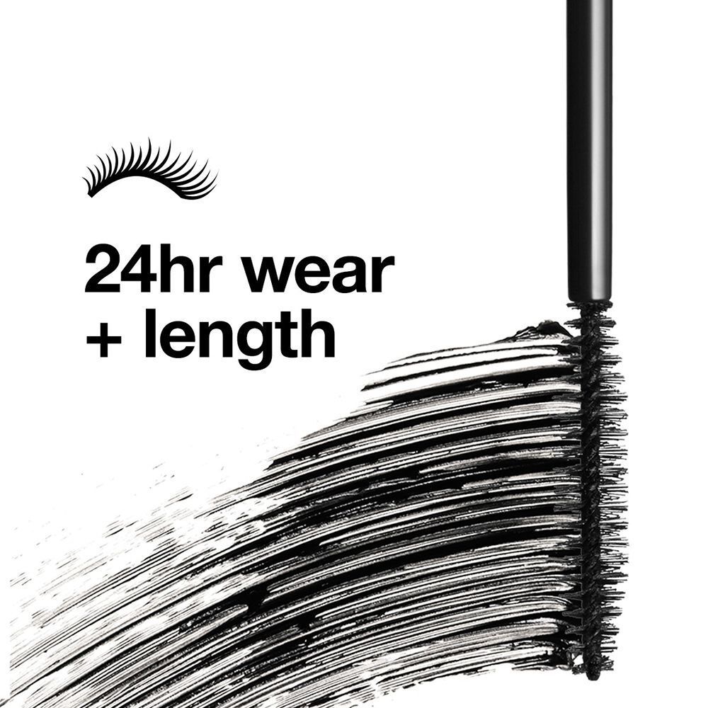Mascara borstel met wimpersymbool en tekst: 24hr wear + length.