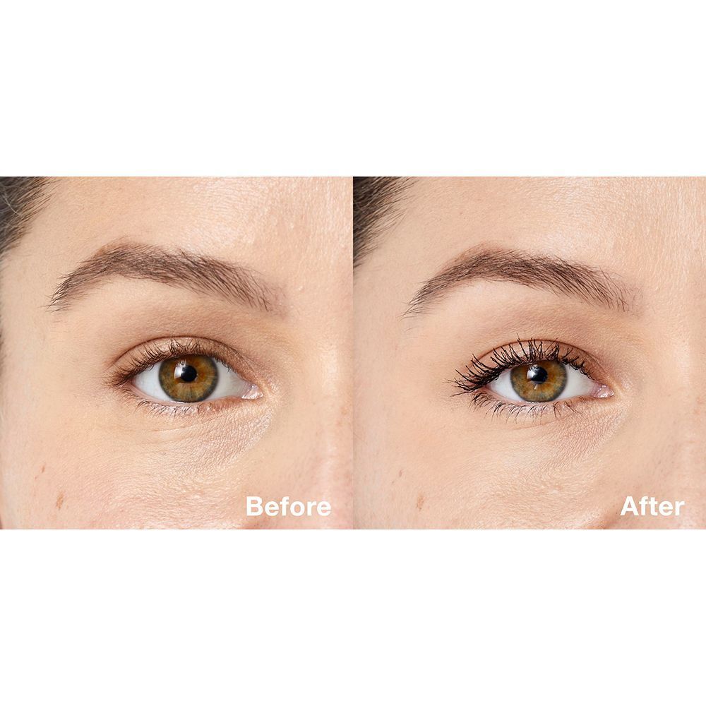 Ogenpaar voor en na het aanbrengen van mascara. Tekst: Before, After.