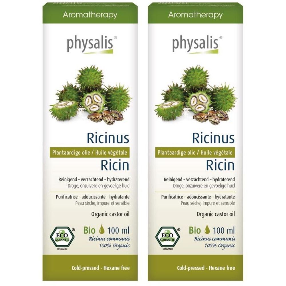 Twee flessen met etiketten. Opschrift: Physalis Ricinus, biologische ricinusolie. Met Eco Garantie-label en 100% Organic.