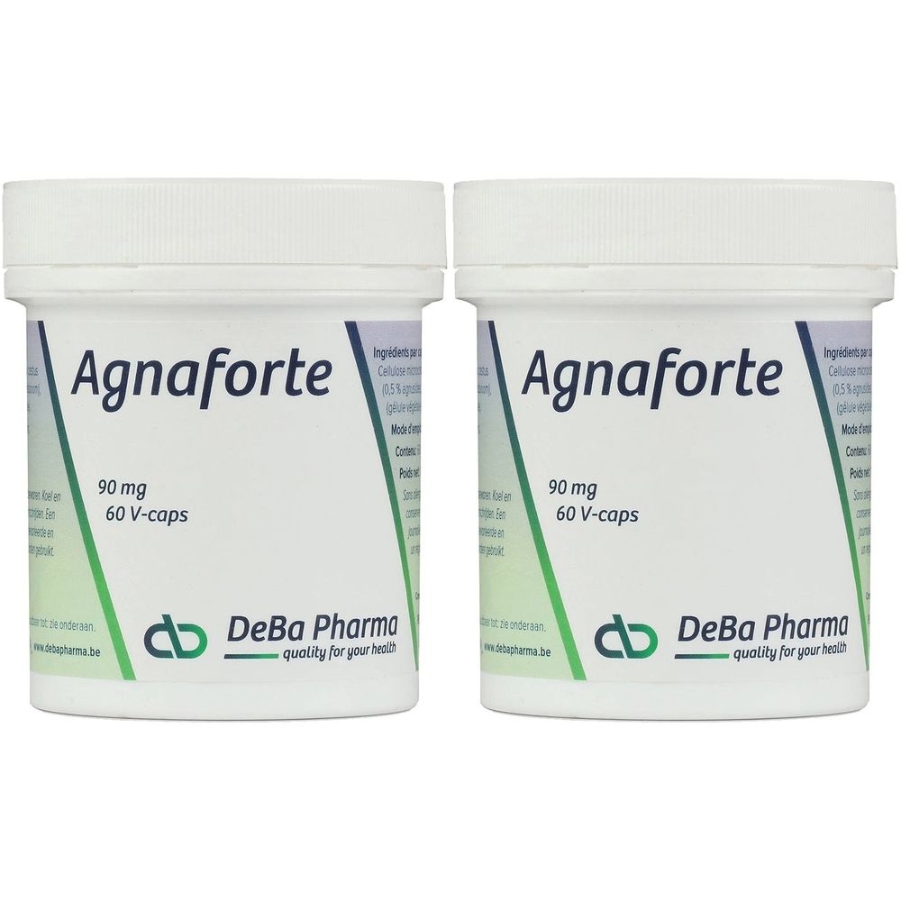Twee witte potten met "Agnaforte 90 mg 60 V-caps". Logo DeBa Pharma. Cilindrische vorm.