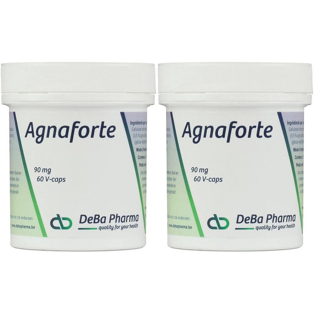 Twee witte potten met opschrift Agnaforte, 90 mg, 60 V-caps. DeBa Pharma logo.