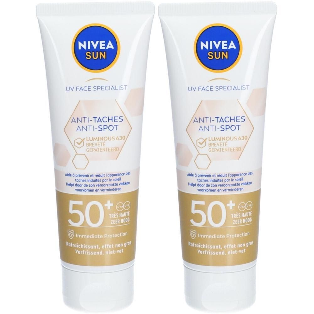 Deux tubes de Nivea Sun UV Face Specialist Anti-Tâches Luminous 630 SPF 50+. Tubes blancs, bouchon bleu, détails dorés.