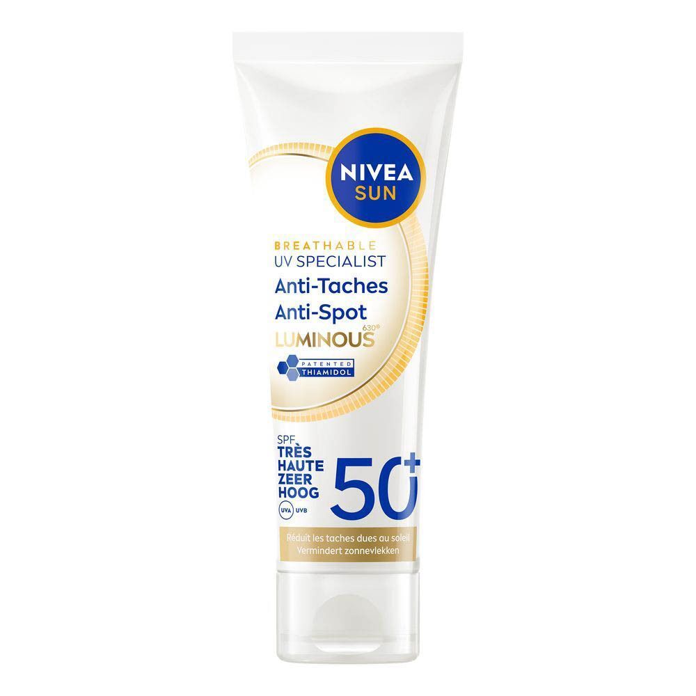 Tube Nivea Sun UV Face Specialist Anti-Tâches Luminous 630 SPF 50+. Wit, met blauwe en gele tekst.