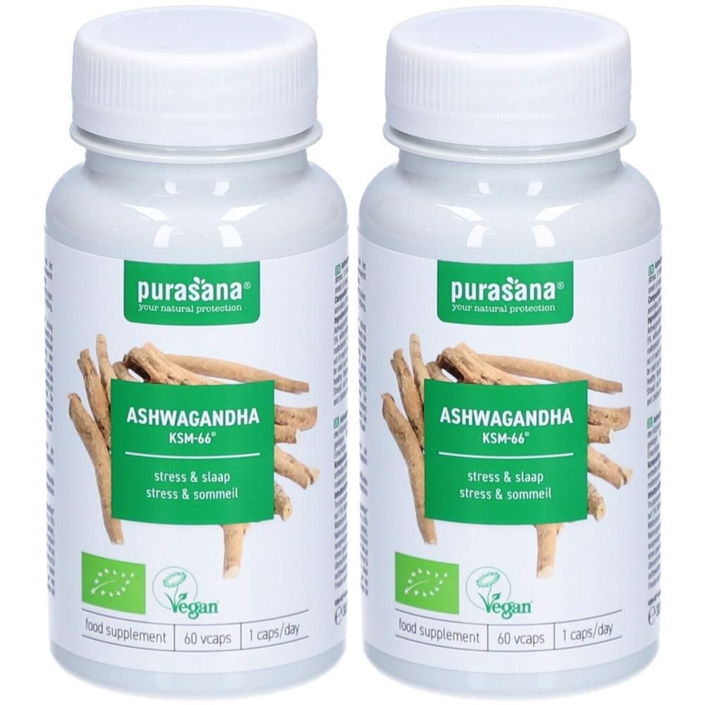 Deux flacons de gélules purasana Ashwagandha. Flacons blancs avec étiquette verte et informations produit. Vegan.