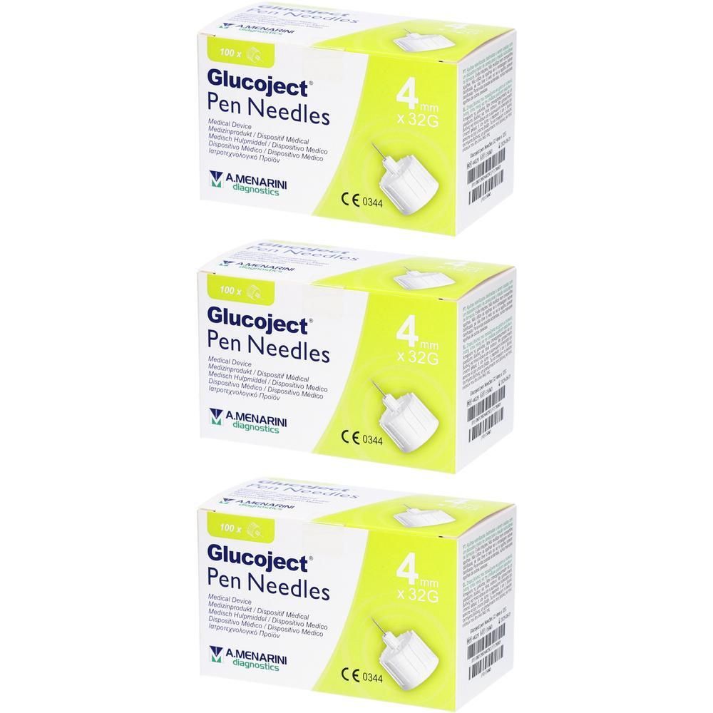 Drie dozen Glucoject Pen Needles. Opschrift: 4 mm x 32G. Medisch hulpmiddel. CE 0344. Amenarini Diagnostics.