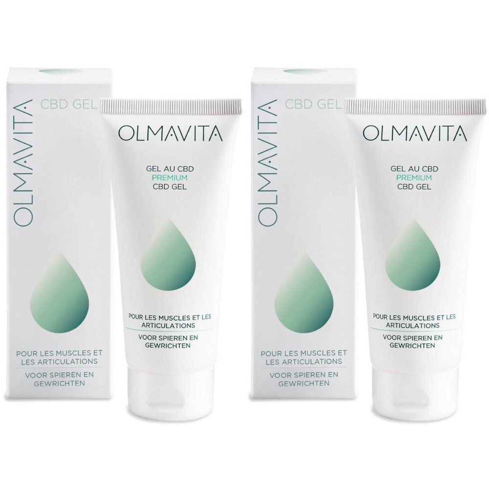 Deux tubes et boîtes. Inscription: Olmavita, CBD Gel. Texte: Pour les muscles et les articulations.