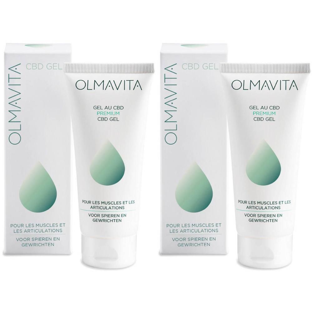 Twee tubes en verpakkingen. Opschrift: OLMAVITA, CBD GEL, Gel au CBD Premium. Voor spieren en gewrichten. Druppel-logo.