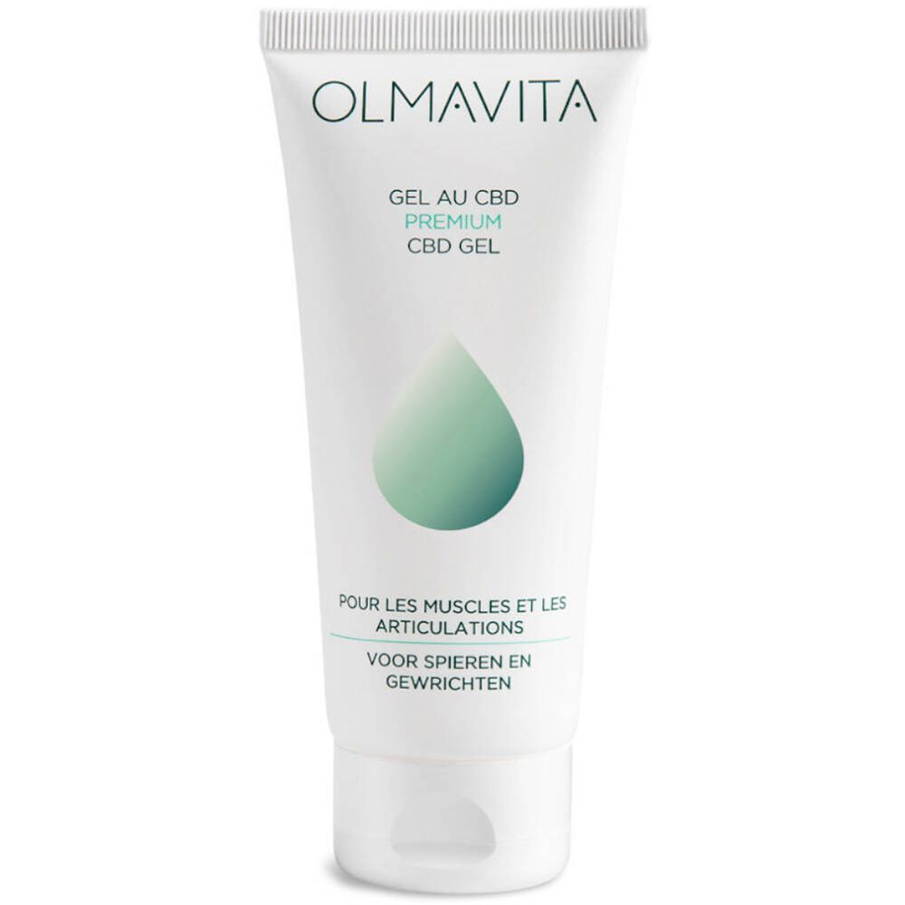 Tube met opschrift: OLMAVITA, Gel au CBD Premium, CBD GEL. Voor spieren en gewrichten. Druppel-logo. Witte achtergrond.