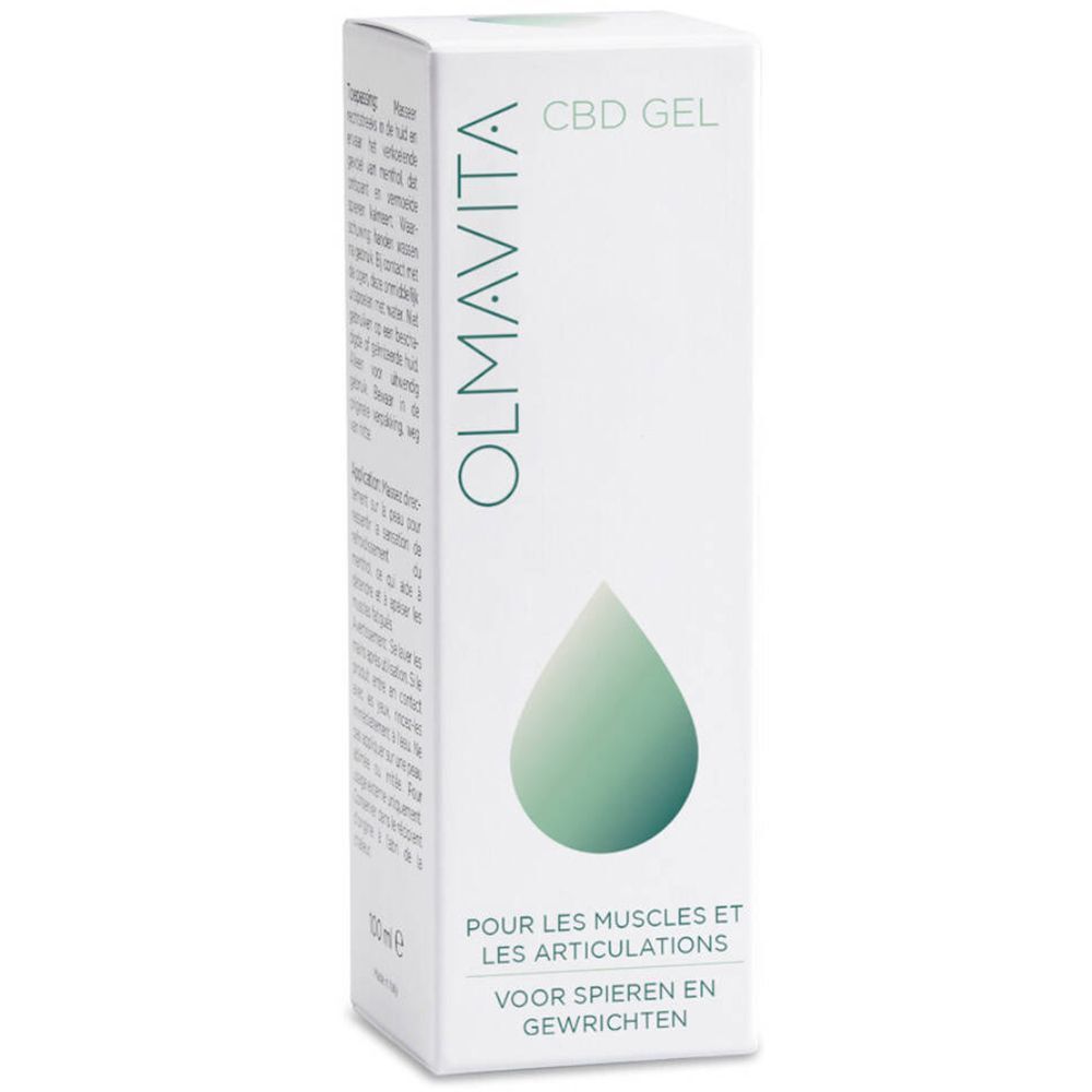 Verpakking met opschrift: OLMAVITA, CBD GEL. Voor spieren en gewrichten. Druppel-logo. Tekst in het Duits en Nederlands.