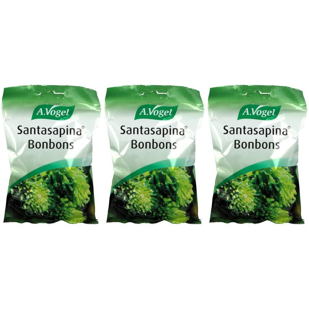 Drie zakjes A.Vogel Santasapina Bonbons. Groen-witte verpakking met productnaam en logo.