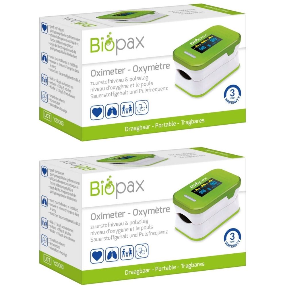 Twee Biopax-oximeterverpakkingen. Opschrift: Oximeter, zuurstofniveau en polsslag. Groen-witte apparaten met display.