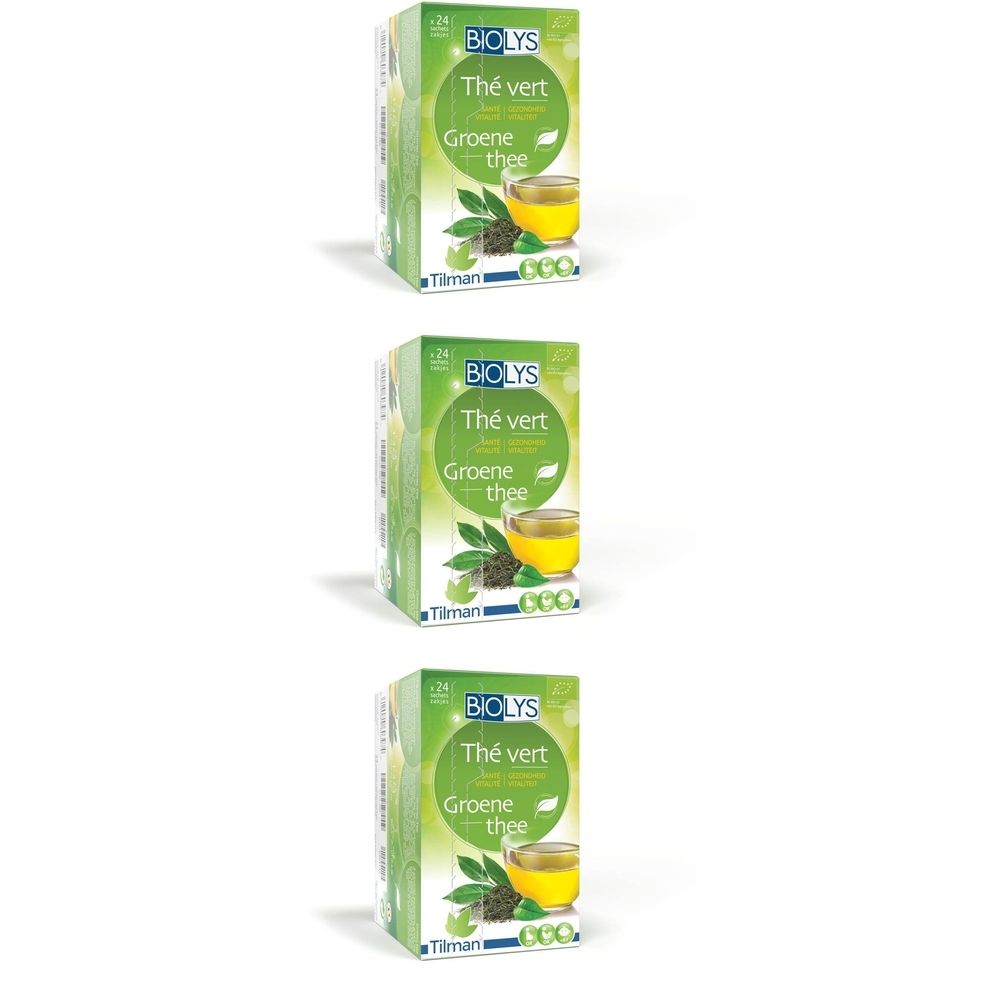 Drie groene dozen Biolys Thé vert. Elke doos toont « Thé vert » en « Groene thee ». Een kopje thee en theebladeren zijn afgebeeld.