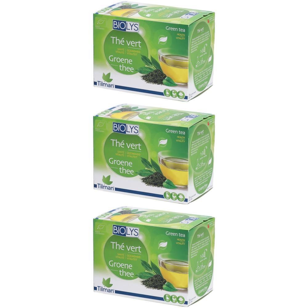 Drie Biolys Thé Vert-verpakkingen. Opschrift: Thé vert, Groene thee. Afbeelding: kopje thee, bladeren.