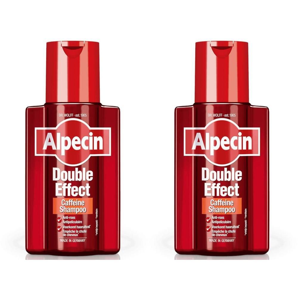 Twee rode flessen Alpecin Double Effect cafeïneshampoo. Witte tekst, rode dop.