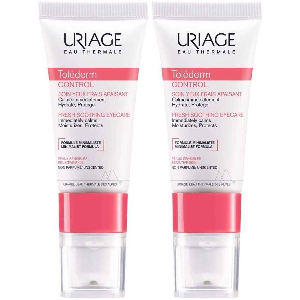 Deux tubes de soin pour les yeux. Blanc, avec des accents roses. Inscription: Uriage, Toléderm Control, Fresh Soothing Eyecare.
