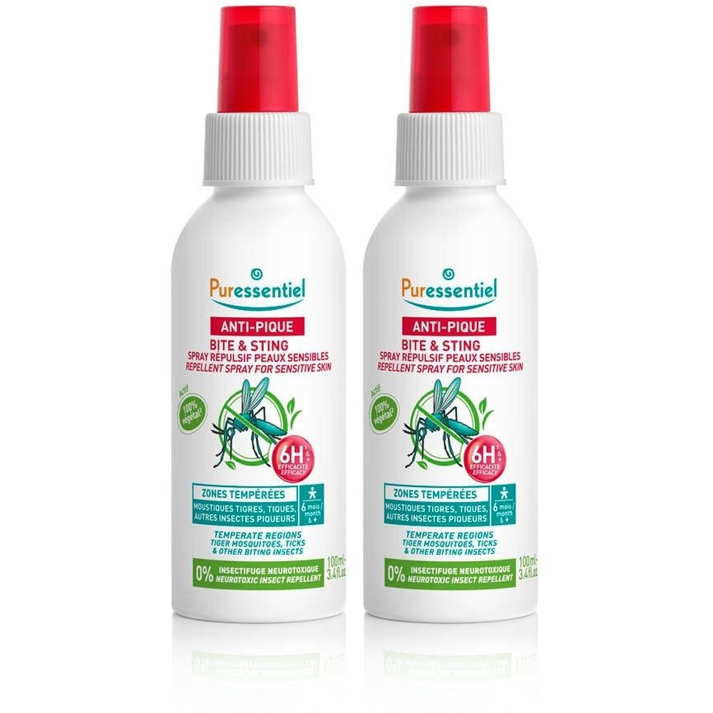 Twee witte sprayflessen met rode sproeikop. Opschrift: ANTI-PIQUE, BITE & STING. Groen logo met insect en 6H-symbool. Voor gevoelige huid.