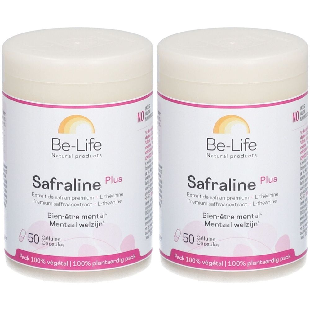 Twee cilindrische potten met deksels. Opschrift: Be-Life Safraline Plus. Bevat 50 capsules. Opdruk: 100% plantaardig.