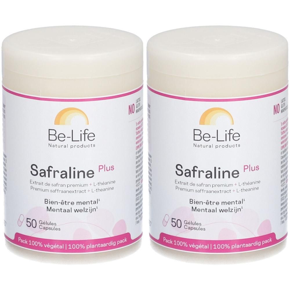 Twee potten Safraline Plus. Wit-roze etiket met logo, naam en ingrediënten. 50 capsules. Verpakking 100% plantaardig.