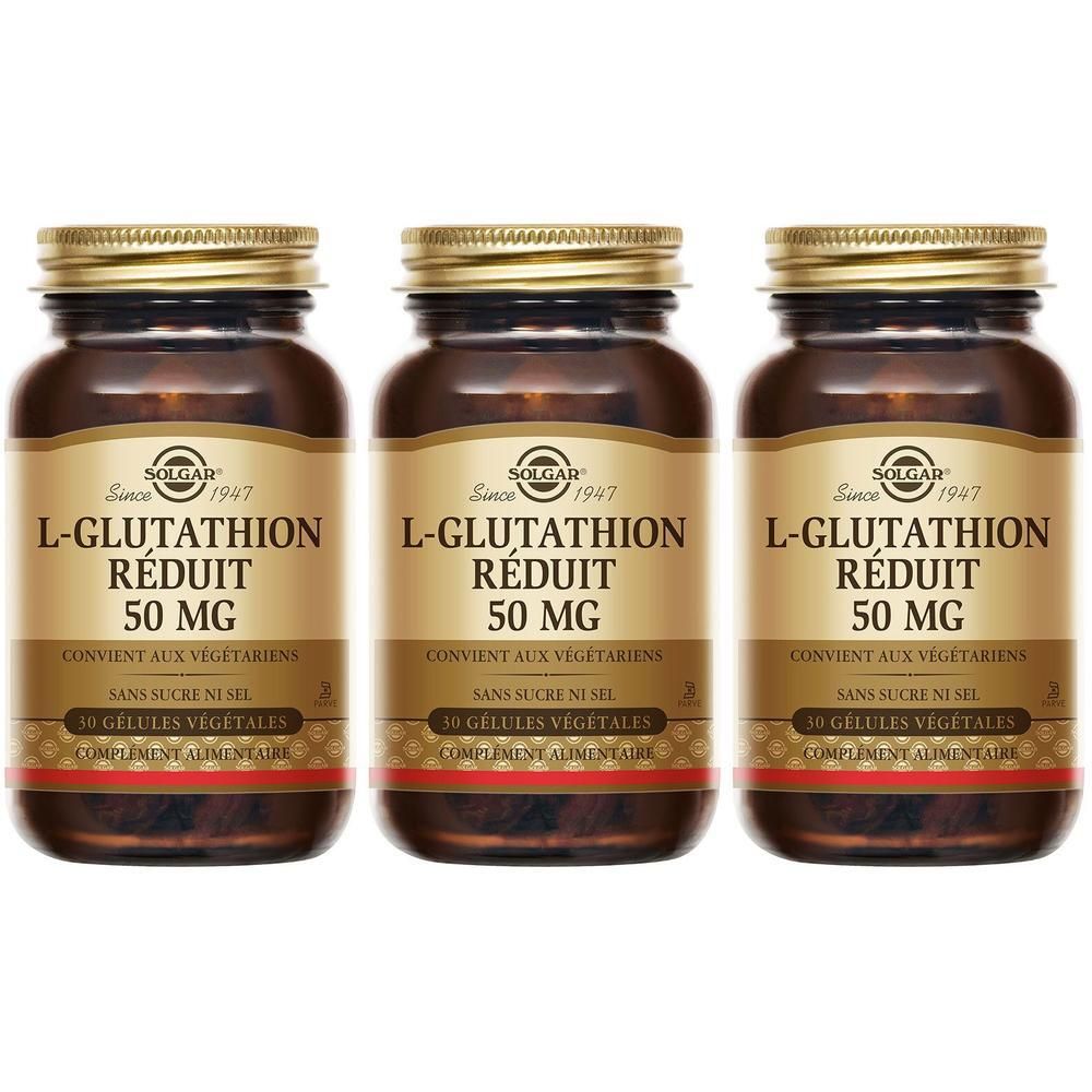 Drie bruinglazen flessen met gouden doppen. Labels: L-Glutathion Réduit 50 MG, 30 gélules végétales. Zonder suiker en zout.