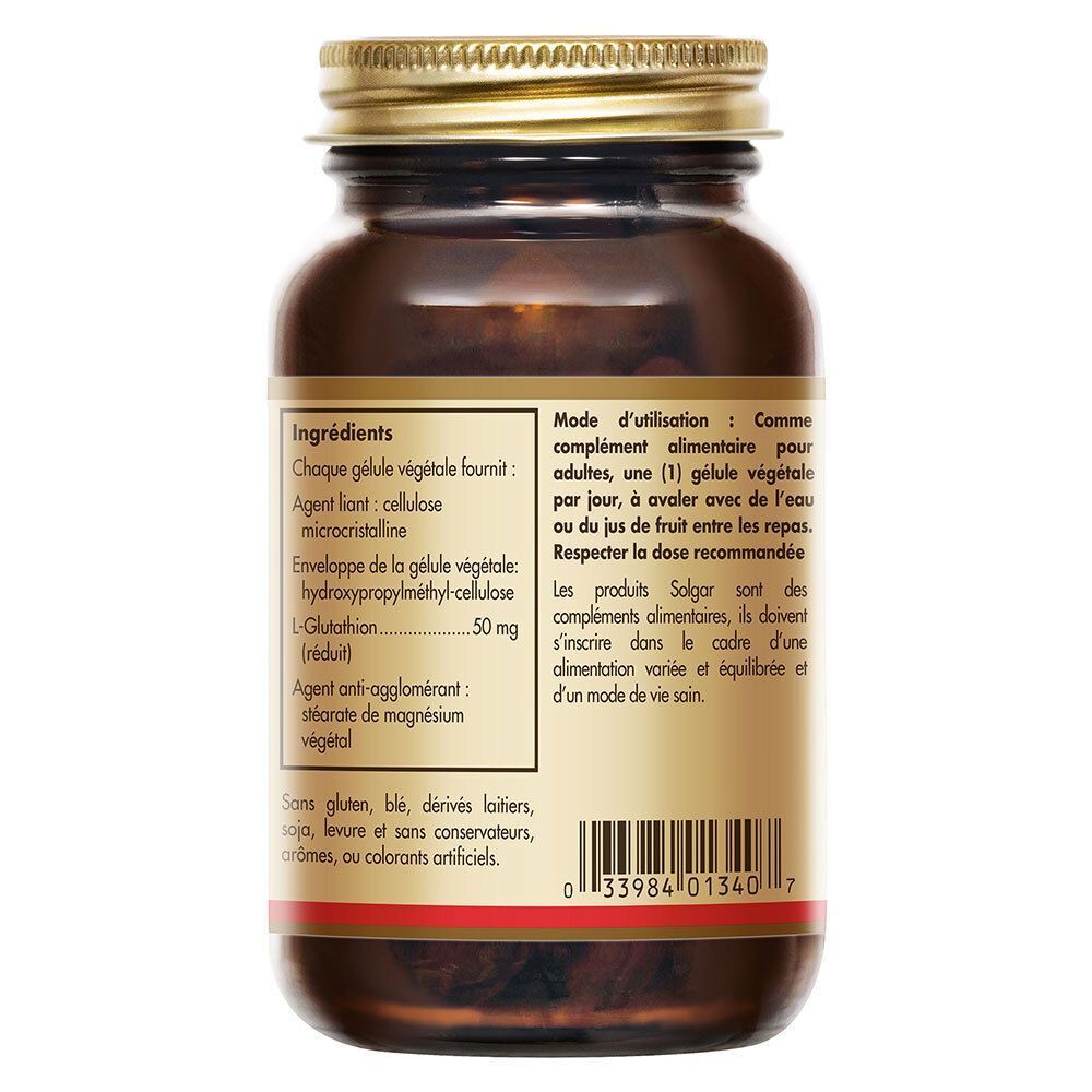 Achterkant van een bruinglazen fles met gouden dop. Label met ingrediënten en gebruiksaanwijzing. Zonder gluten, melk, gist.