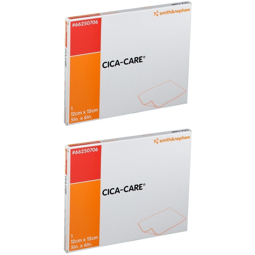 Twee CICA-CARE® verpakkingen. Afmeting: 12cm x 15cm. Merk: Smith & Nephew.