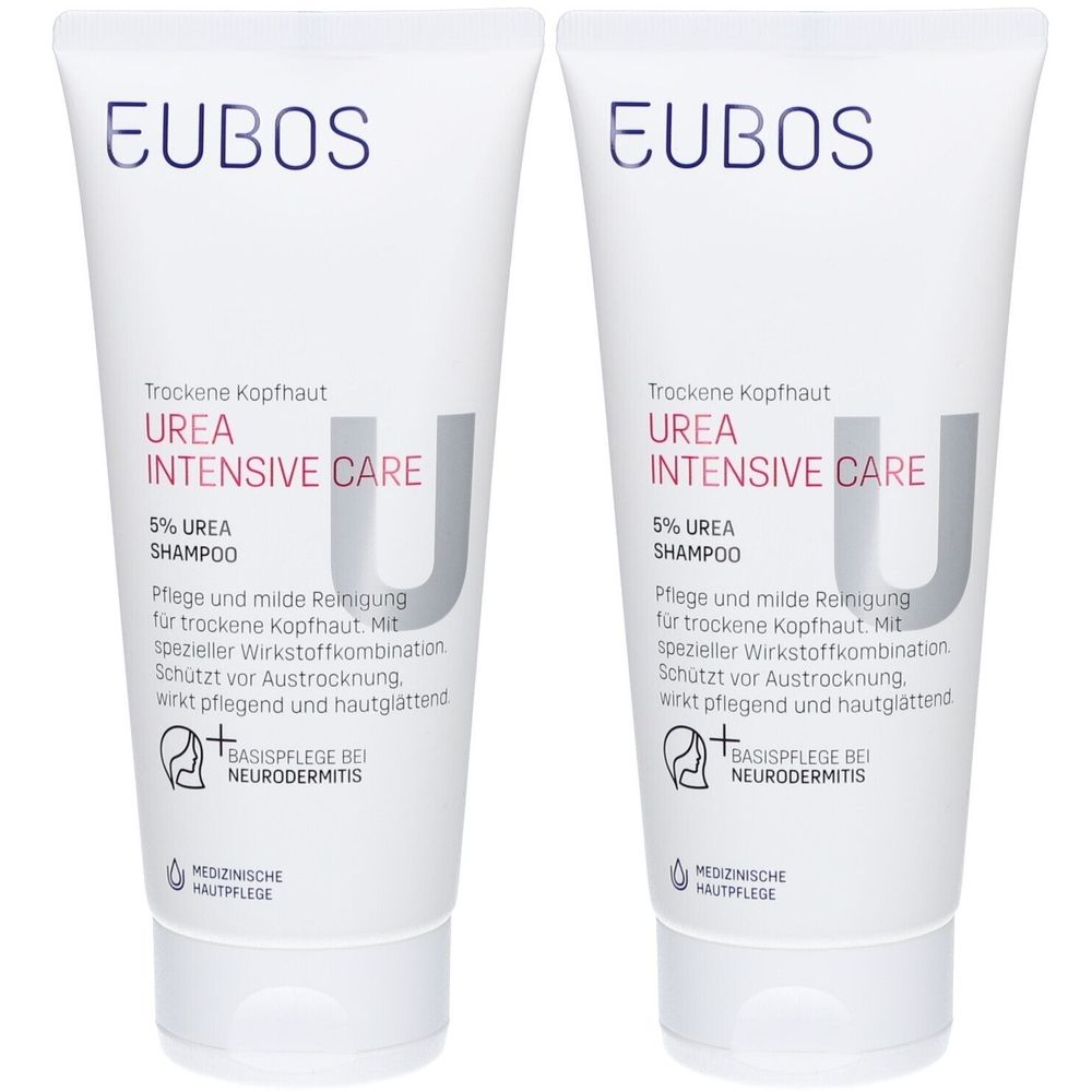 Deux tubes blancs avec impression du produit. Inscription : EUBOS, UREA INTENSIVE CARE, 5% UREA SHAMPOO. Soin de la peau médical.