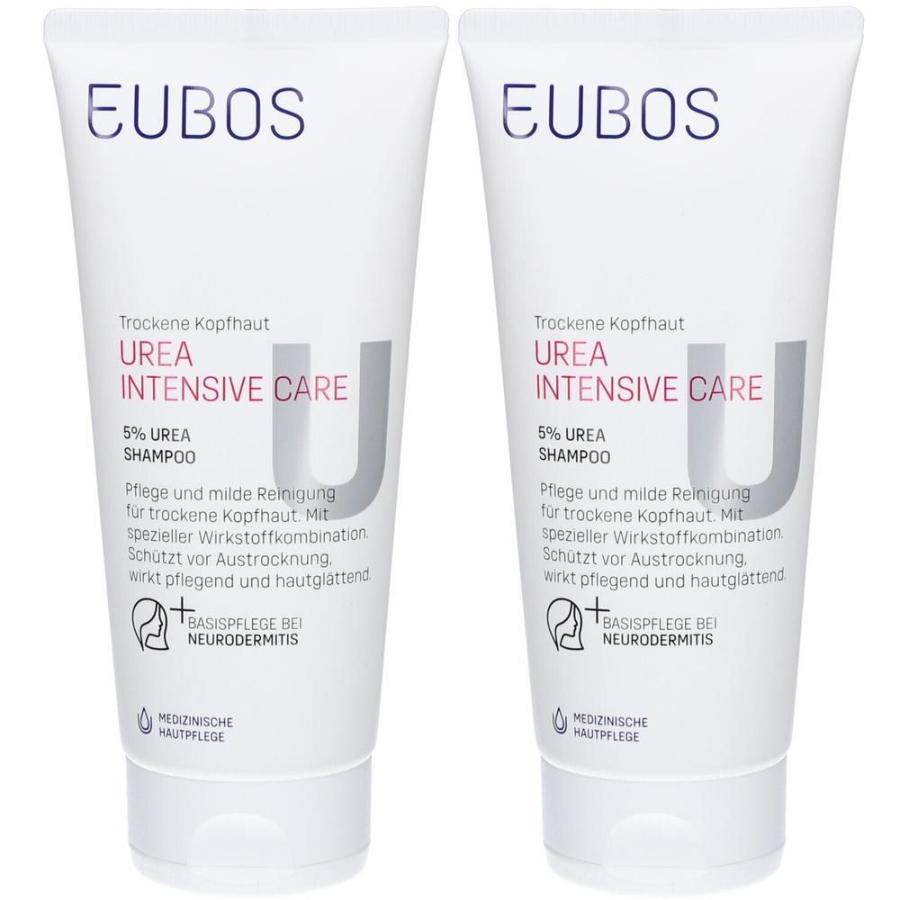 Twee tubes EUBOS Urea 5% shampoo. Witte tubes met paarse en rode tekst. Opschrift: Urea Intensive Care, medische huidverzorging.