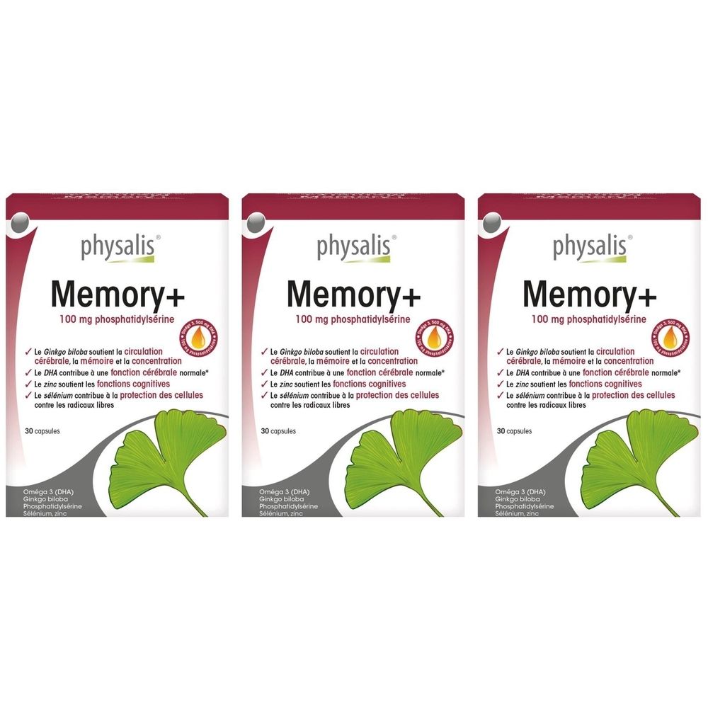 Trois boîtes de Physalis Memory+ de 30 capsules. Emballage rouge et blanc avec illustration de feuille de ginkgo et informations.