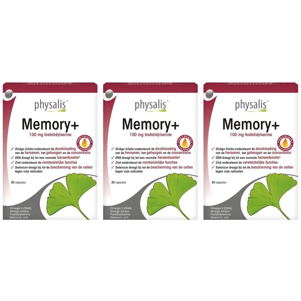 Drie verpakkingen Physalis Memory+ met 30 capsules. Rode en witte verpakking met ginkgo blad illustratie en productinformatie.