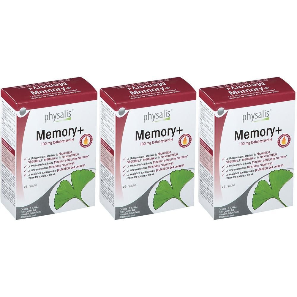 Drie dozen Physalis Memory+ met rode deksel. Opschrift: Memory+, 100 mg phosphatidylserine. Illustratie van ginkgoblad.