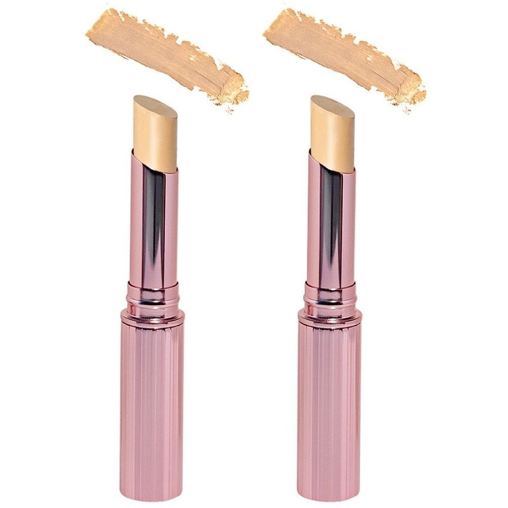 Twee concealers met lichtbeige punt en roze behuizing. Kleurstalen erboven.