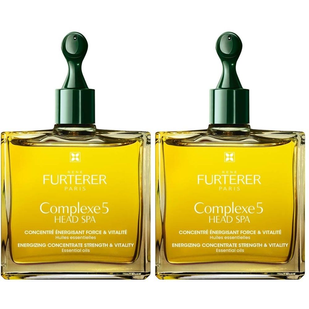 Twee flessen met gele vloeistof. Opschrift: FURTERER PARIS, Complexe 5 HEAD SPA. Groene dop.