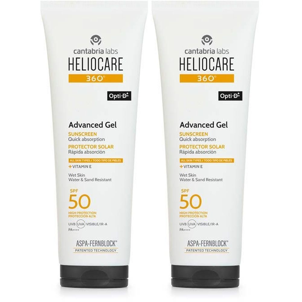 Twee tubes Heliocare 360° Advanced Gel SPF 50+. Witte tubes met zwarte dop. Tekst: zonnebrandcrème, vitamine E.