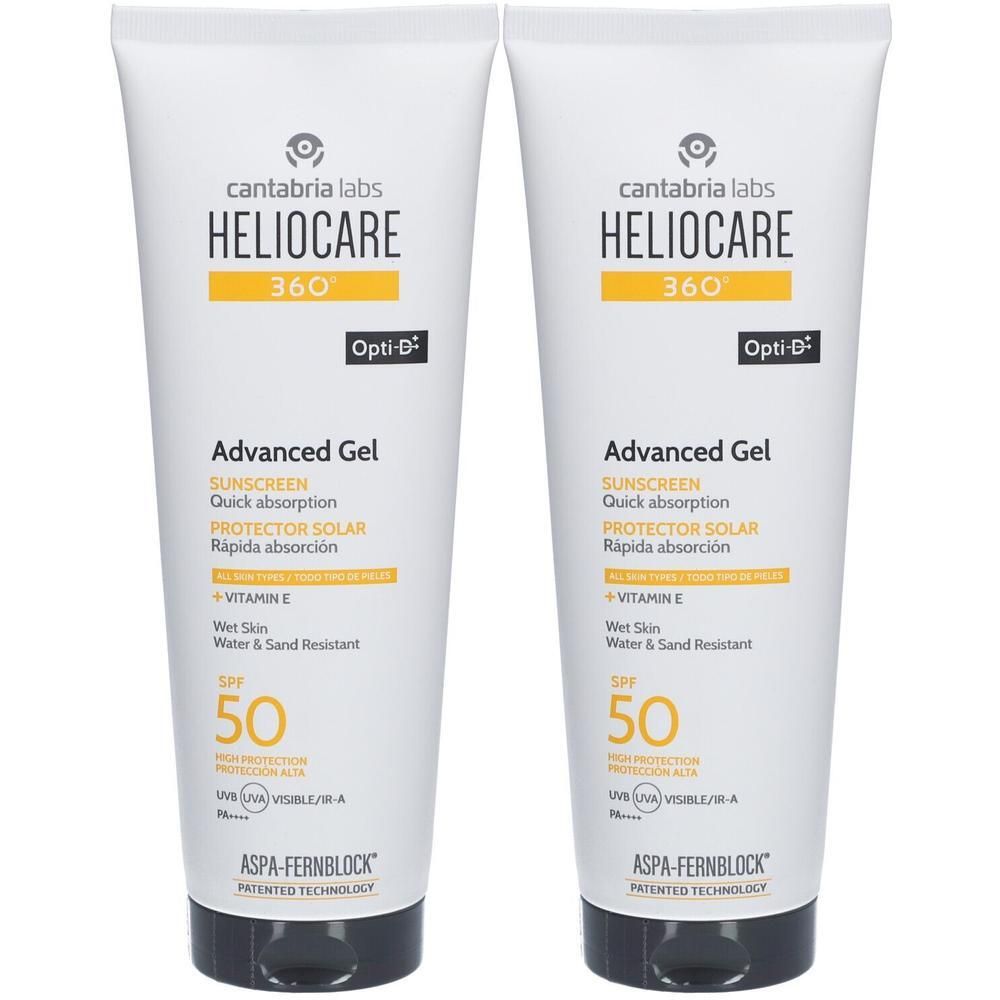Twee tubes Heliocare 360° Advanced Gel SPF 50. Witte tubes met gele en zwarte accenten. Tekst: zonnebrandcrème, vitamine E.